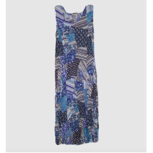 Woman Within Blue Patchwork Sleeveless Rayon Crinkle Shift Midi Dress 12 New